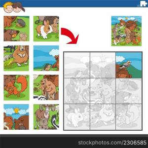 Cartoon illustration of educational jigsaw puzzle game for children with funny wild animal characters