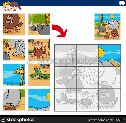Cartoon Illustration of Educational Jigsaw Puzzle Game for Children with Funny Wild Animals Characters Group