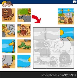Cartoon Illustration of Educational Jigsaw Puzzle Game for Children with Funny Wild Animals Characters Group