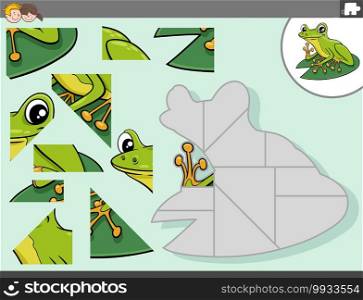 Cartoon illustration of educational jigsaw puzzle game for children with green frog animal character