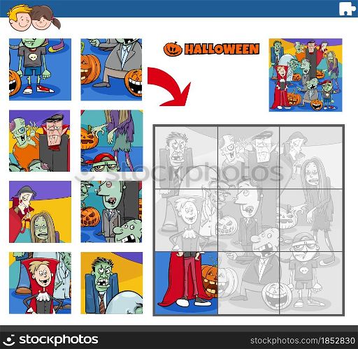 Cartoon illustration of educational jigsaw puzzle game for children with Haloween characters