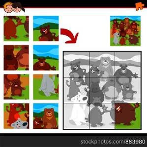 Cartoon Illustration of Educational Jigsaw Puzzle Game for Children with Happy Bears Wild Animal Characters Group