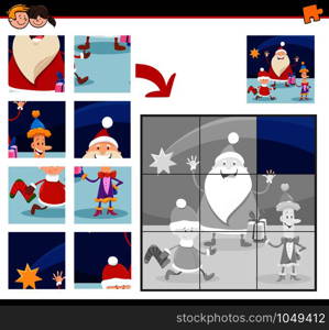 Cartoon Illustration of Educational Jigsaw Puzzle Game for Children with Happy Christmas Characters Group