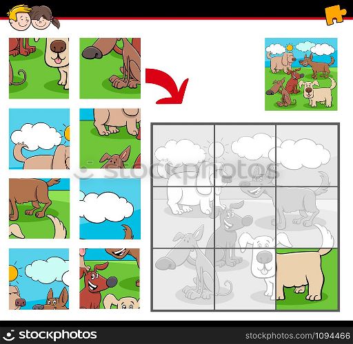 Cartoon Illustration of Educational Jigsaw Puzzle Game for Children with Happy Dogs Animal Characters Group