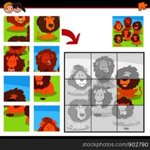 Cartoon Illustration of Educational Jigsaw Puzzle Game for Children with Happy Lions Wild Animal Characters Group