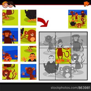 Cartoon Illustration of Educational Jigsaw Puzzle Game for Children with Happy Monkeys Wild Animal Characters Group