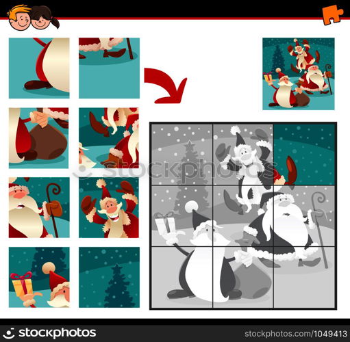 Cartoon Illustration of Educational Jigsaw Puzzle Game for Children with Happy Santa Claus Christmas Holiday Characters Group