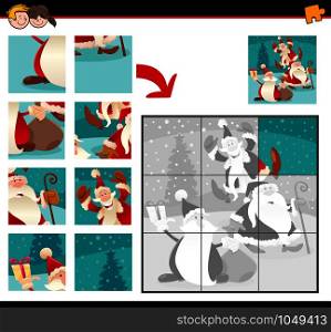Cartoon Illustration of Educational Jigsaw Puzzle Game for Children with Happy Santa Claus Christmas Holiday Characters Group
