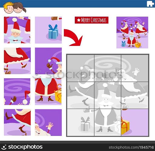 Cartoon illustration of educational jigsaw puzzle game for children with happy Santa Claus characters on Christmas time