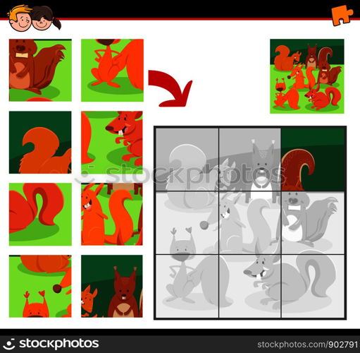 Cartoon Illustration of Educational Jigsaw Puzzle Game for Children with Happy Squirrels Wild Animal Characters Group