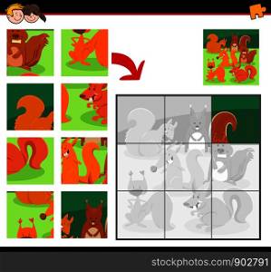 Cartoon Illustration of Educational Jigsaw Puzzle Game for Children with Happy Squirrels Wild Animal Characters Group