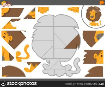 Cartoon Illustration of Educational Jigsaw Puzzle Game for Children with Lion Animal Character
