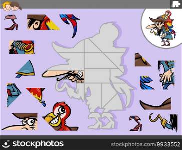 Cartoon illustration of educational jigsaw puzzle game for children with pirate with parrot fantasy character