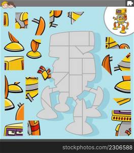 Cartoon illustration of educational jigsaw puzzle game for children with robot comic character
