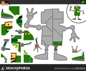 Cartoon Illustration of Educational Jigsaw Puzzle Game for Children with Robot or Droid Science Fiction Character