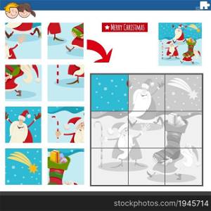 Cartoon illustration of educational jigsaw puzzle game for children with Santa Claus characters on Christmas time
