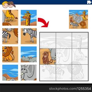 Cartoon Illustration of Educational Jigsaw Puzzle Game for Children with Wild Animals Comic Characters Group