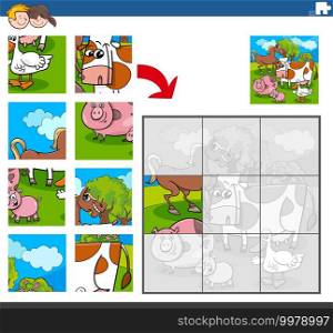 Cartoon illustration of educational jigsaw puzzle game for kids with funny farm animal characters