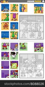 Cartoon illustration of educational jigsaw puzzle games set with aliens and robots characters group