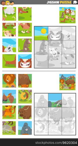 Cartoon illustration of educational jigsaw puzzle games set with animal characters