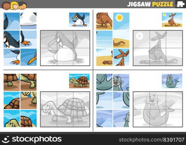 Cartoon illustration of educational jigsaw puzzle games set with animals characters