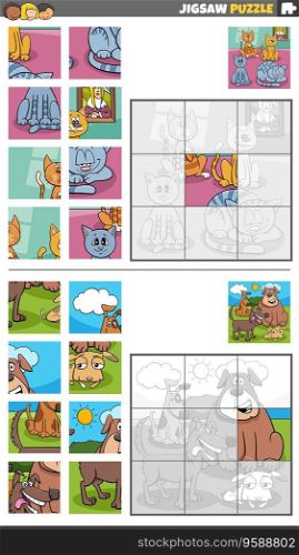 Cartoon illustration of educational jigsaw puzzle games set with cats and dogs characters