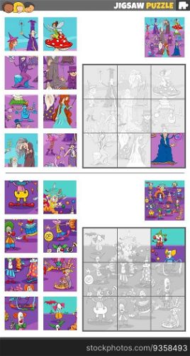 Cartoon illustration of educational jigsaw puzzle games set with clowns and fantasy characters group