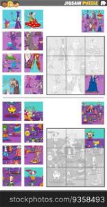 Cartoon illustration of educational jigsaw puzzle games set with clowns and fantasy characters group