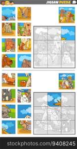Cartoon illustration of educational jigsaw puzzle games set with dogs and cats characters group