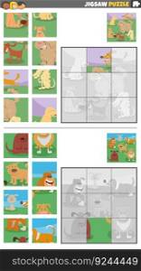 Cartoon illustration of educational jigsaw puzzle games set with dogs animal characters group