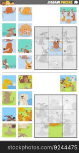 Cartoon illustration of educational jigsaw puzzle games set with dogs animal characters group