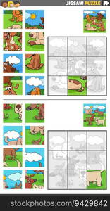 Cartoon illustration of educational jigsaw puzzle games set with dogs animal characters group