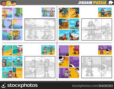 Cartoon illustration of educational jigsaw puzzle games set with fantasy characters