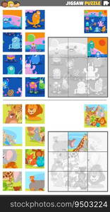 Cartoon illustration of educational jigsaw puzzle games set with fantasy characters and wild animals