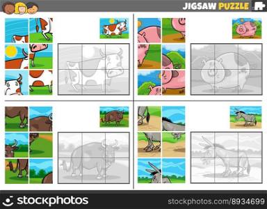 Cartoon illustration of educational jigsaw puzzle games set with farm animal characters
