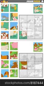 Cartoon illustration of educational jigsaw puzzle games set with farm animal characters group