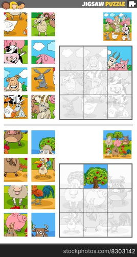 Cartoon illustration of educational jigsaw puzzle games set with farm animal characters group