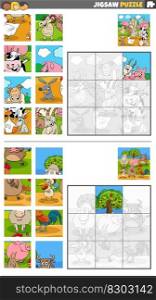 Cartoon illustration of educational jigsaw puzzle games set with farm animal characters group