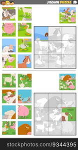 Cartoon illustration of educational jigsaw puzzle games set with farm animal characters group