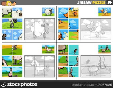 Cartoon illustration of educational jigsaw puzzle games set with farm animals