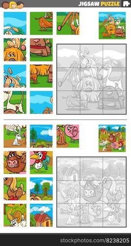 Cartoon illustration of educational jigsaw puzzle games set with farm animals and dogs characters group