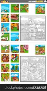 Cartoon illustration of educational jigsaw puzzle games set with farm animals and dogs characters group