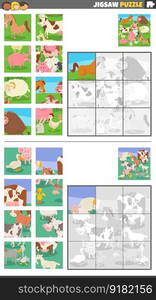 Cartoon illustration of educational jigsaw puzzle games set with farm animals characters group