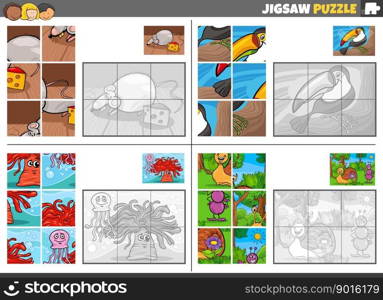 Cartoon illustration of educational jigsaw puzzle games set with funny animal characters