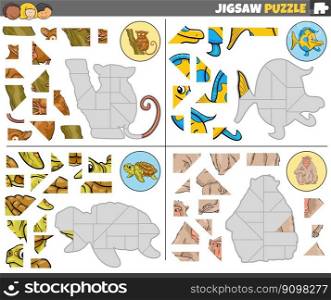 Cartoon illustration of educational jigsaw puzzle games set with funny animal characters