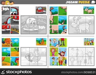 Cartoon illustration of educational jigsaw puzzle games set with funny characters