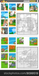 Cartoon illustration of educational jigsaw puzzle games set with funny dogs and cats characters