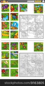 Cartoon illustration of educational jigsaw puzzle games set with funny insects animal characters