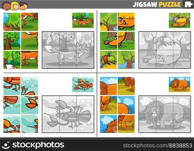 Cartoon illustration of educational jigsaw puzzle games set with funny wild animal characters