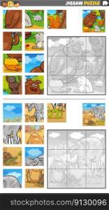 Cartoon illustration of educational jigsaw puzzle games set with funny wild animals characters